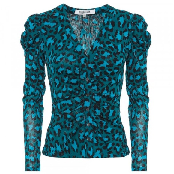 Diane von Furstenberg Gladys Mesh Top Blue Leopard Print Women's Top - Picture 2 of 7